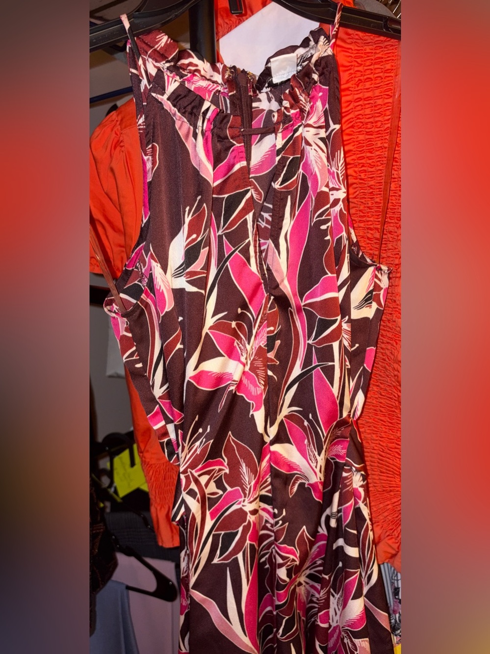 Bar III Pink and Brown Floral Halter Maxi Dress with Belt